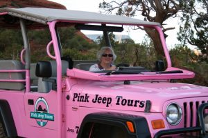 Lynn Tranchell driving pink jeep